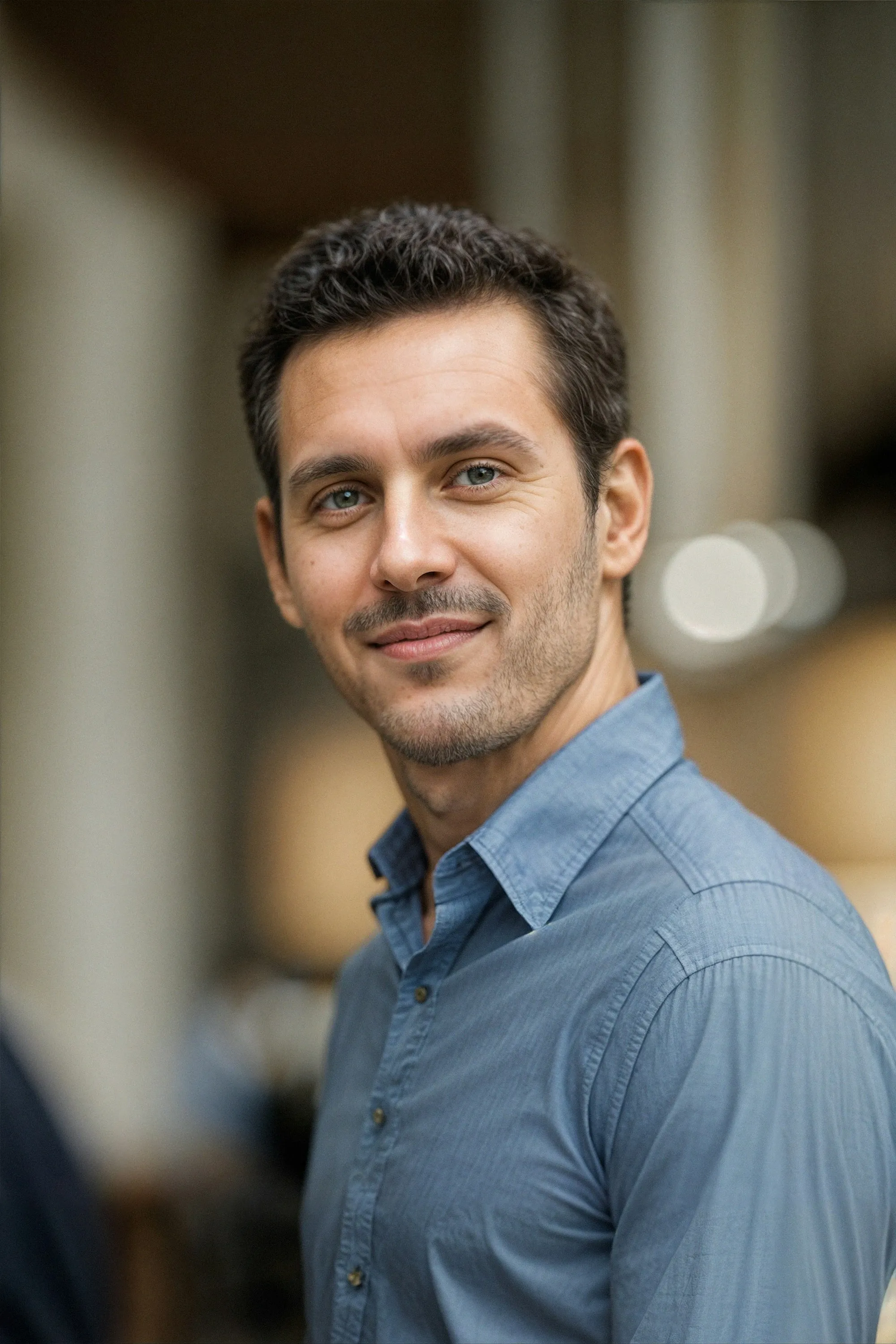 A smiling man in a blue button-down shirt